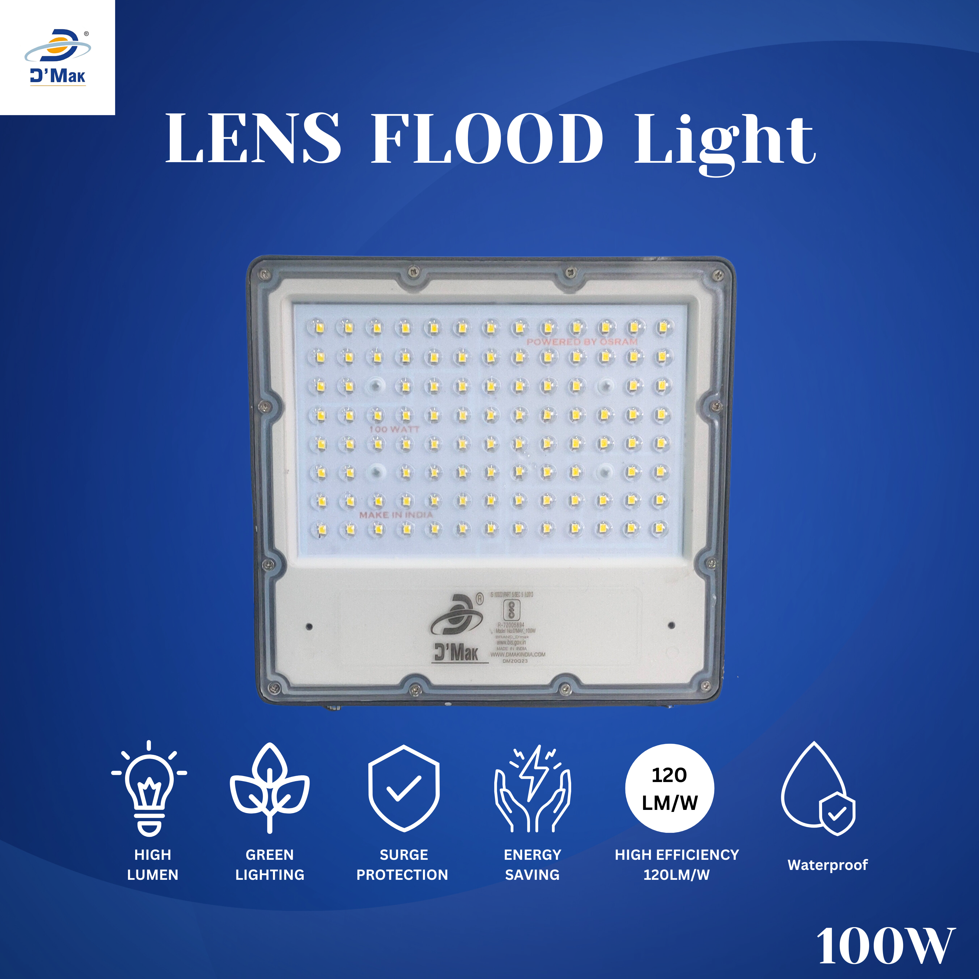 100 Watt LED Flood Light With Lens White Body Waterproof IP65 for Outdoor Purposes