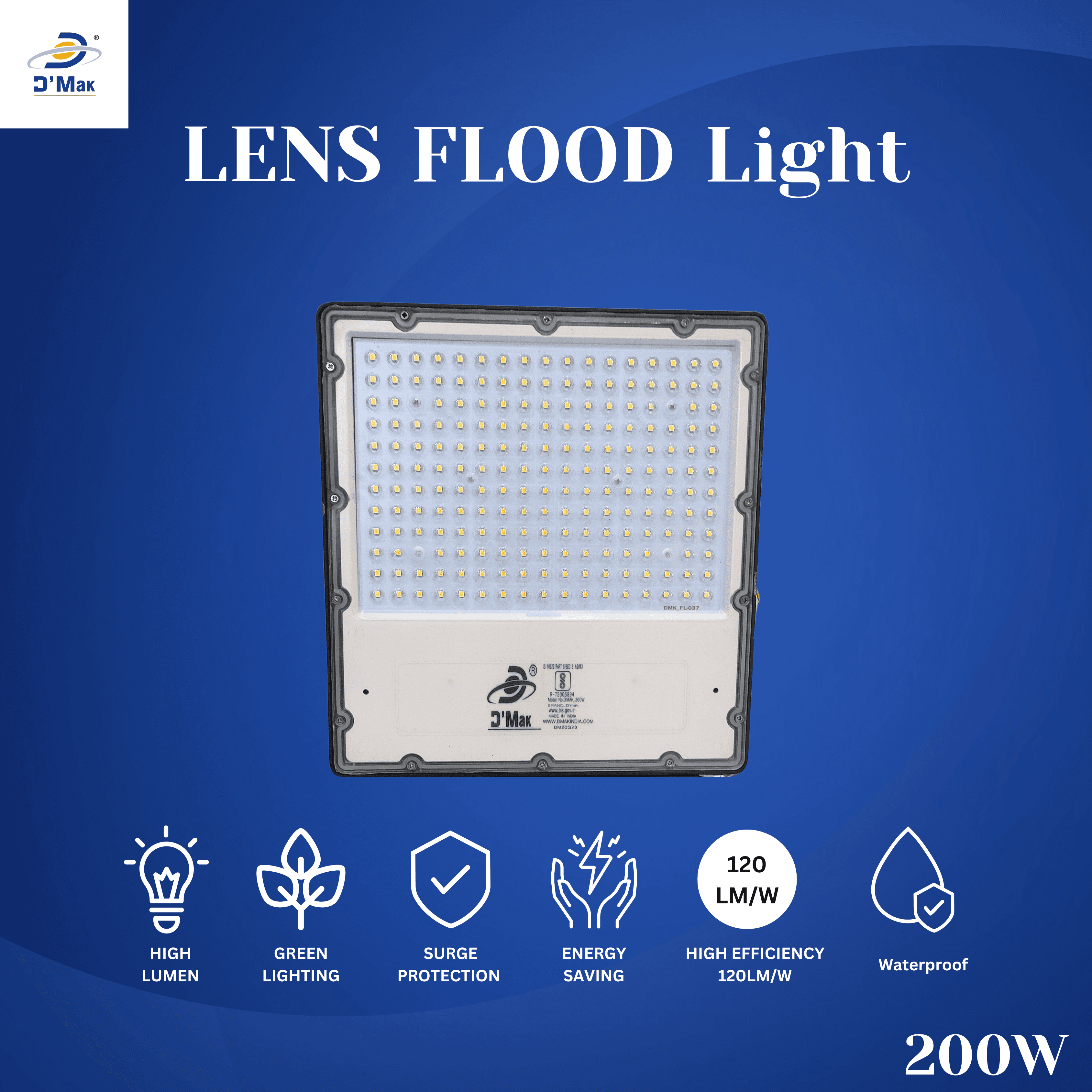 200 Watt LED Flood Light With Lens White Body Waterproof IP65 for Outdoor Purposes