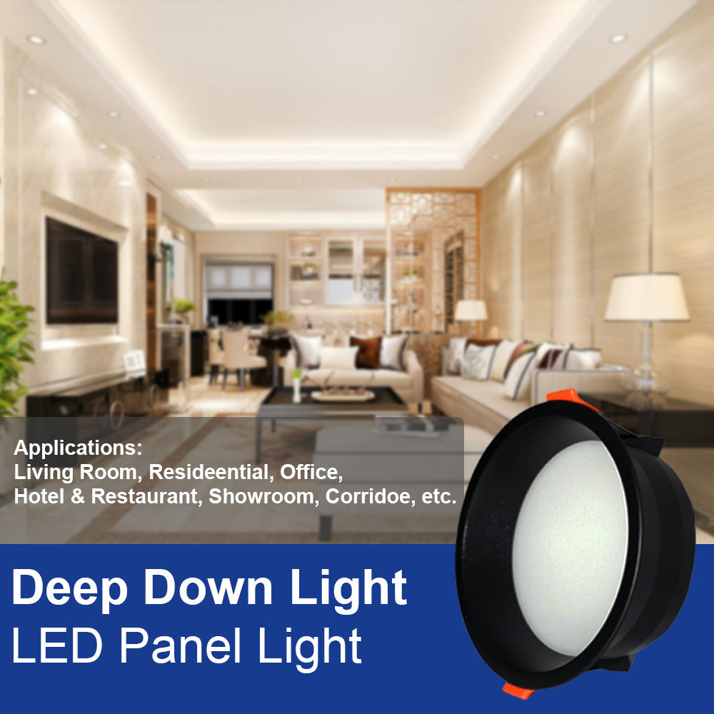 8 Watt Round Deep Down PC (Poly Carbonate) Panel Light in Black Body for POP / Recessed Lighting