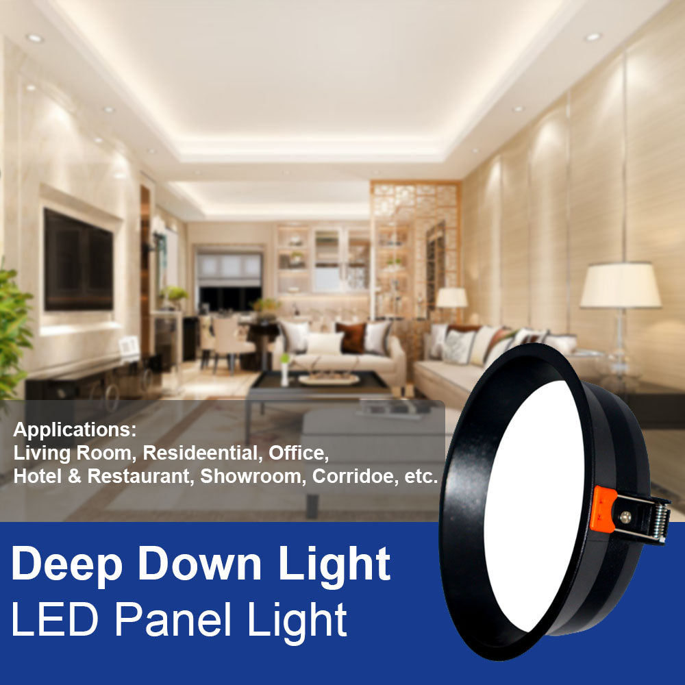 22 Watt Round Deep Down PC (Poly Carbonate) Panel Light in Black Body for POP / Recessed Lighting